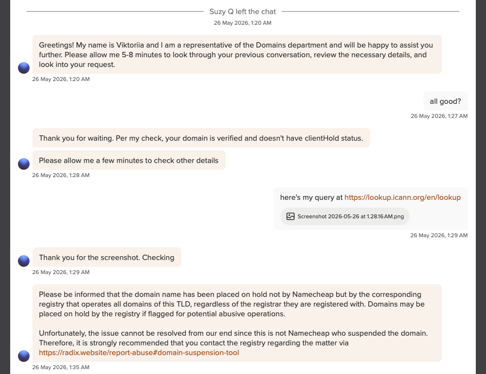 Namecheap support pointing to the registry